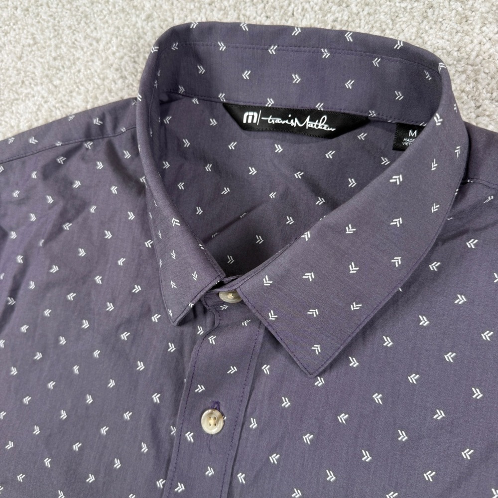 TravisMathew Button Up Shirt Men M Purple Geometric Print Short Sleeve Stretch